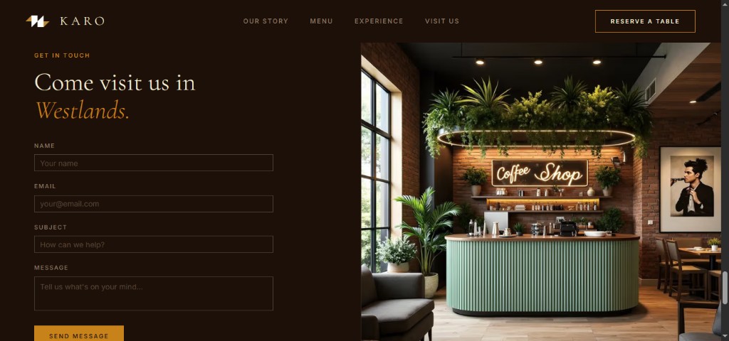 Karo Get in Touch section with contact form and café interior photo
