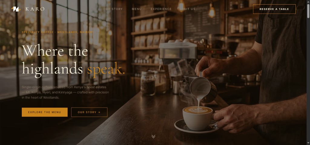 Karo Coffee homepage with hero headline Where the highlands speak, specialty coffee tagline, and barista pouring latte art
