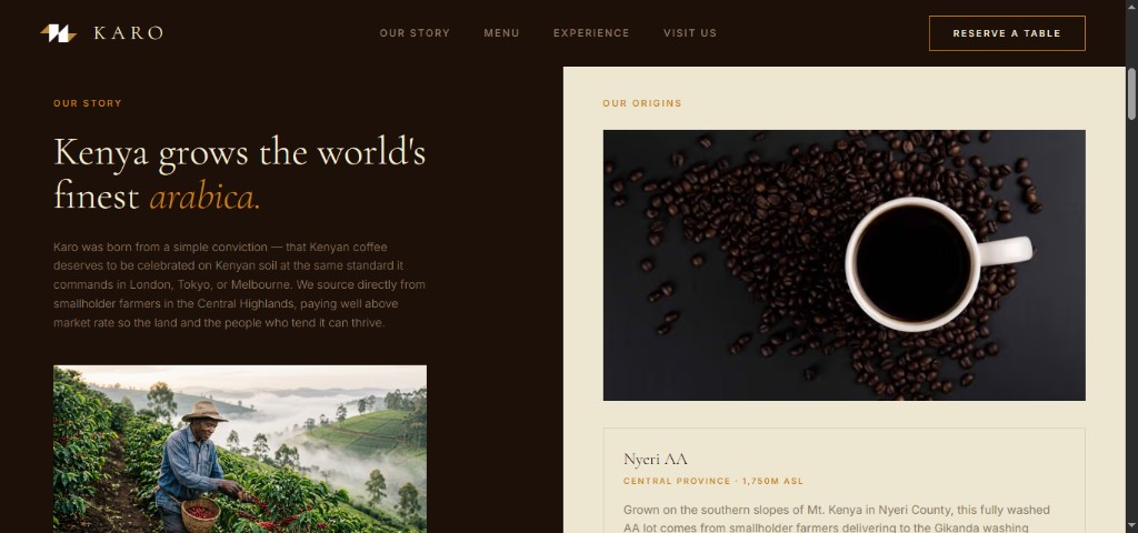 Karo Our Story section with Kenya grows the finest arabica headline and Nyeri AA origin card
