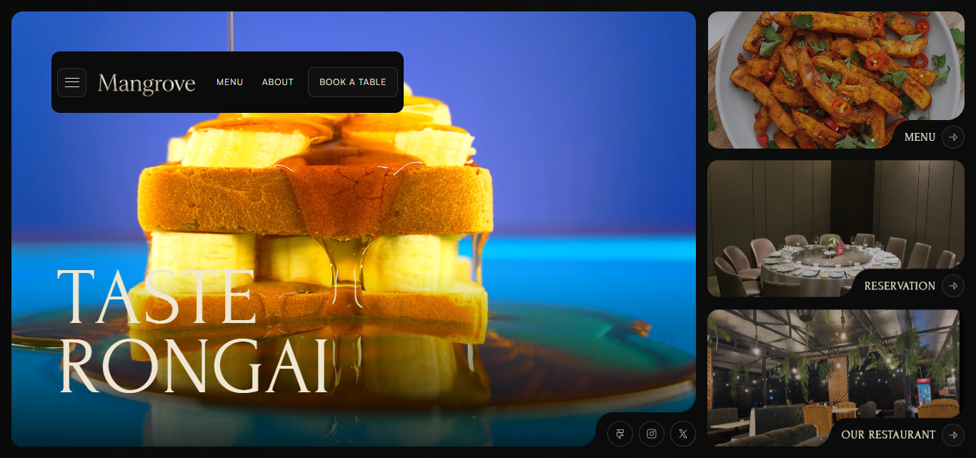 Mangrove Hotel website homepage showing the hero section with food photography and navigation to Menu, About, and Book a Table