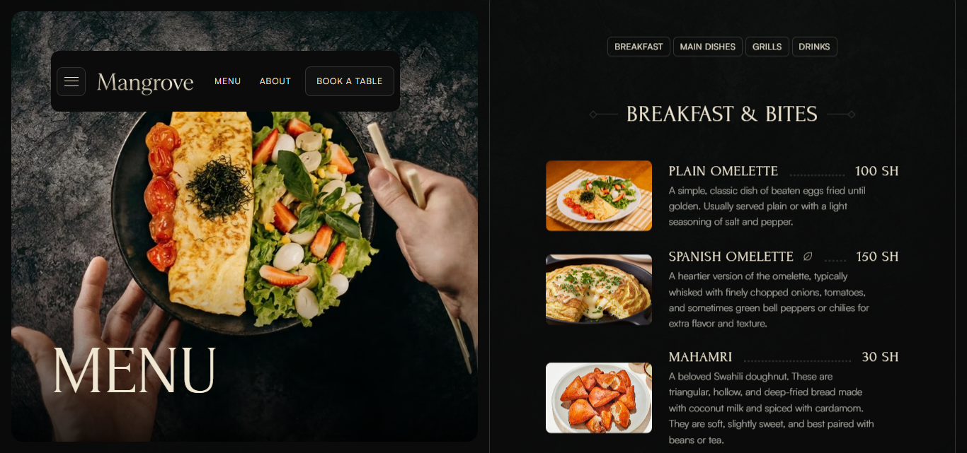 Mangrove Hotel menu page showing categorised breakfast dishes with prices in Kenyan shillings including Plain Omelette, Spanish Omelette, and Mahamri