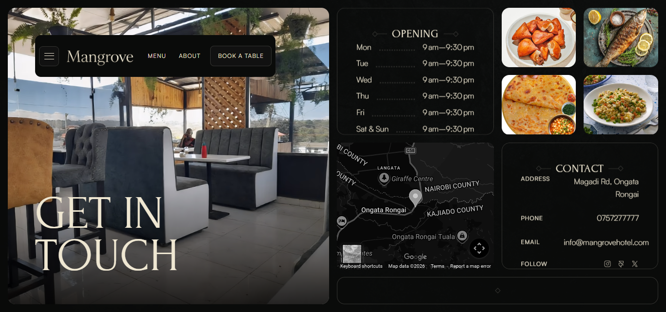 Mangrove Hotel contact page showing opening hours, Google Maps location in Ongata Rongai, and contact details including phone and email