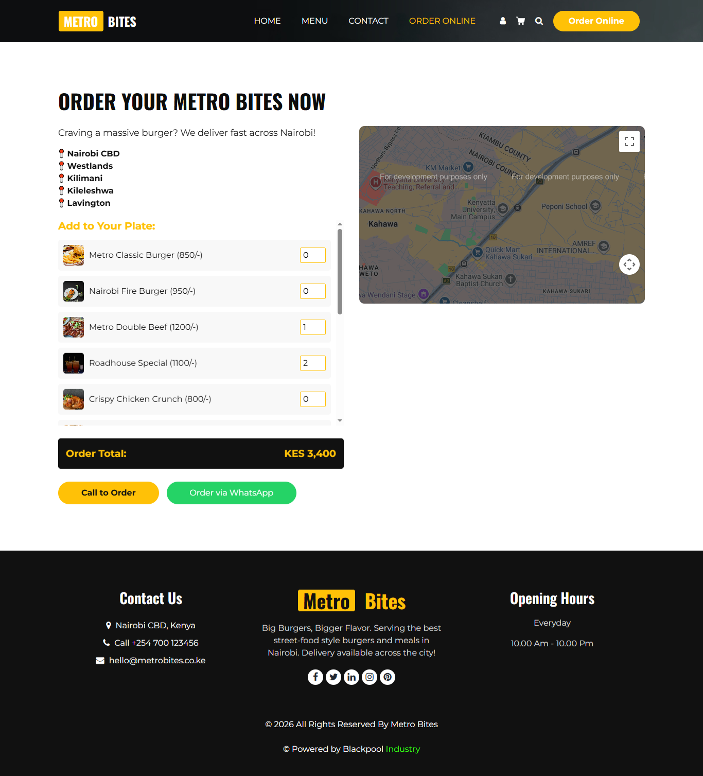 Metro Bites online ordering page showing delivery areas across Nairobi including CBD, Westlands, and Kilimani, with an order form, running total, and WhatsApp order button