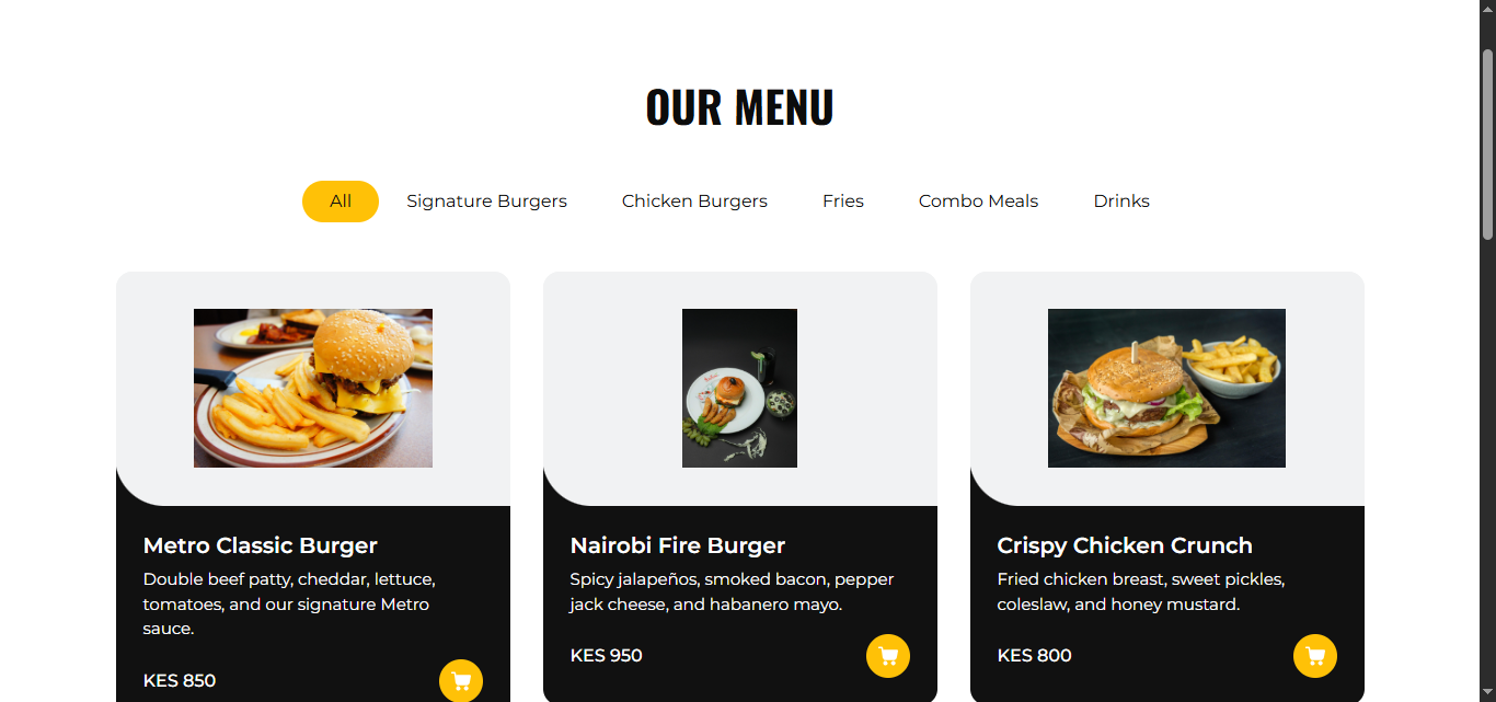 Metro Bites menu page showing burger categories — Signature Burgers, Chicken Burgers, Fries, Combo Meals, Drinks — with item cards showing names and prices in KES