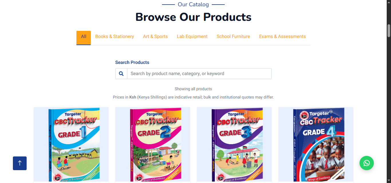Milestone Creative Solutions product catalog showing categories — Books & Stationery, Art & Sports, Lab Equipment, School Furniture, Exams & Assessments — with CBC Tracker textbooks displayed