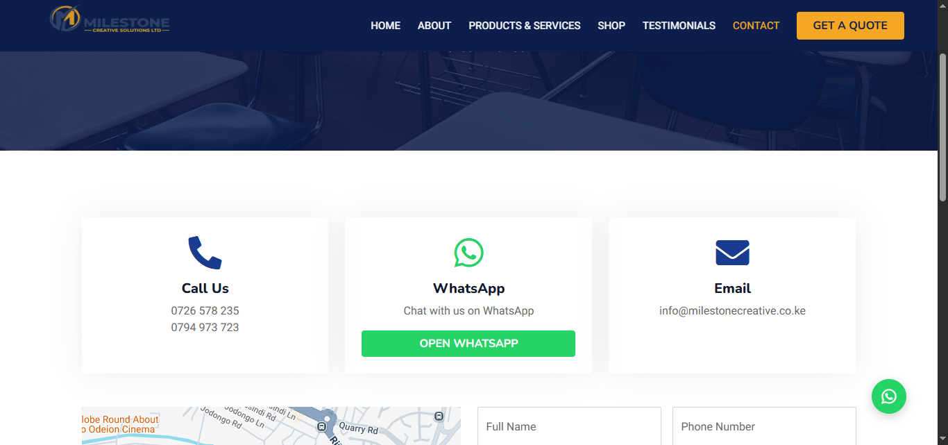 Milestone Creative Solutions contact page showing Call Us, WhatsApp, and Email options alongside a Google Maps embed and a contact form