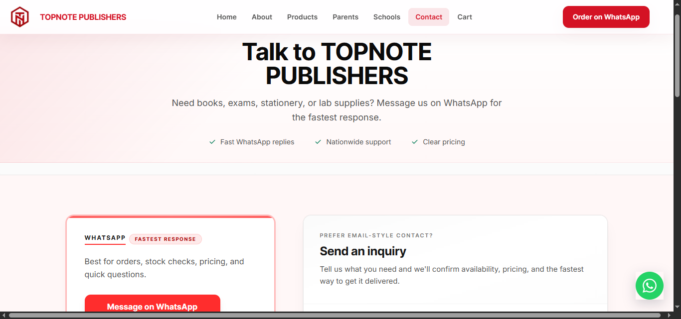 Topnote contact page with WhatsApp and inquiry options