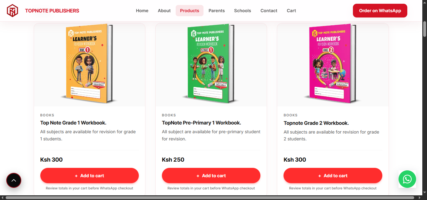 Topnote product catalog showing workbook cards, prices, and add to cart buttons