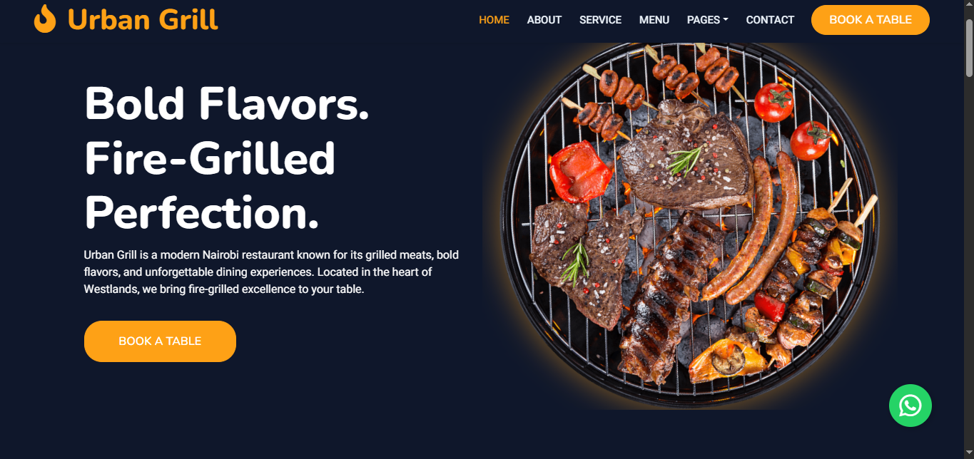 Urban Grill homepage with the headline 'Bold Flavors. Fire-Grilled Perfection.' showing a grilled meat platter and a Book a Table call to action