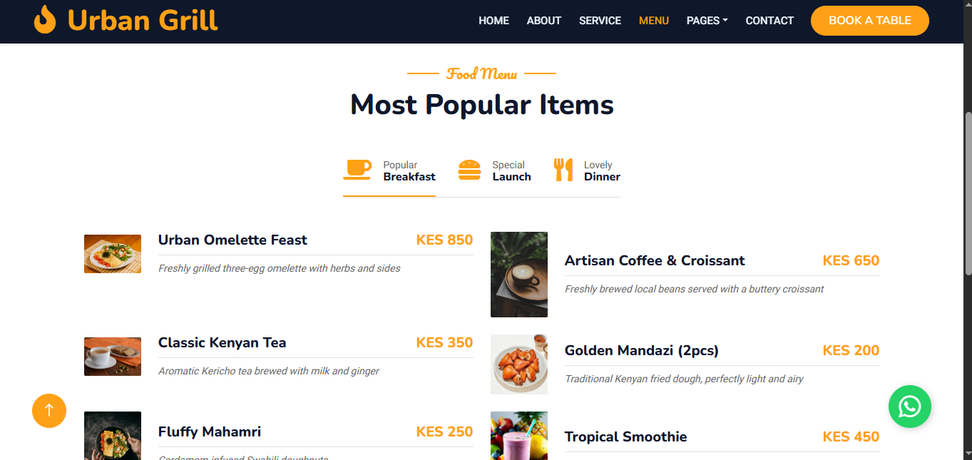 Urban Grill menu page showing Most Popular Items with tabs for Breakfast, Launch, and Dinner, listing dishes like Urban Omelette Feast at KES 850 and Artisan Coffee at KES 650