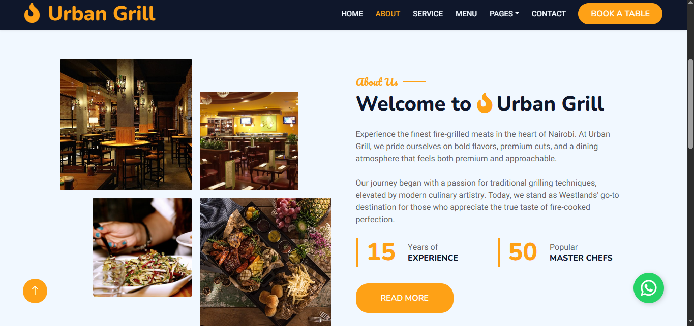 Urban Grill About section showing restaurant interior photos alongside a description of the Westlands location with 15 years experience and 50 master chefs